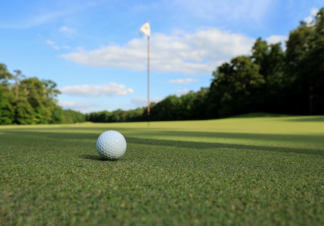 golf ball and golf pin on the fairway of a golf course